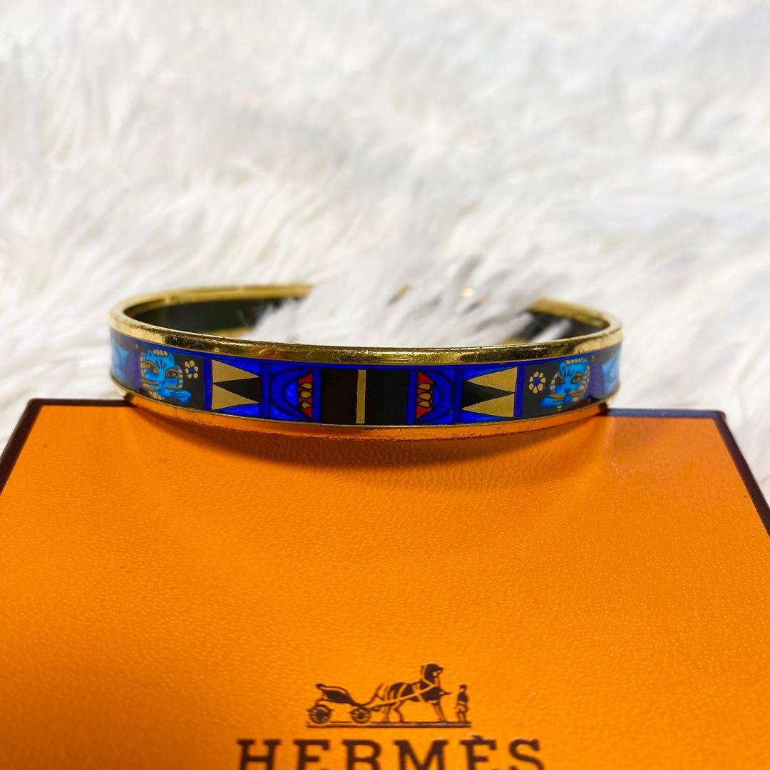 HERMES エマイユ　七宝焼　バングル　ブレスレット　猫　アニマル　ブルー