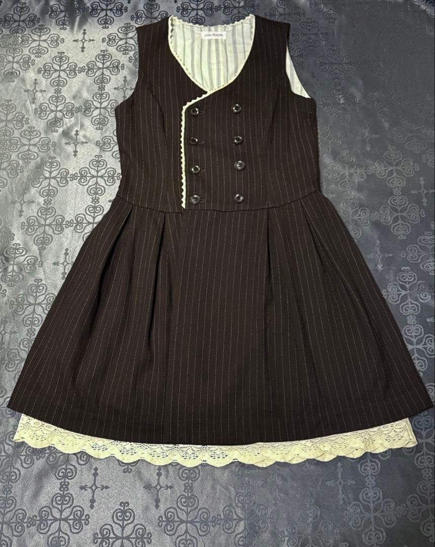 JaneMarpleストライプウールのベストワンピース　ブラウン　レース JSK