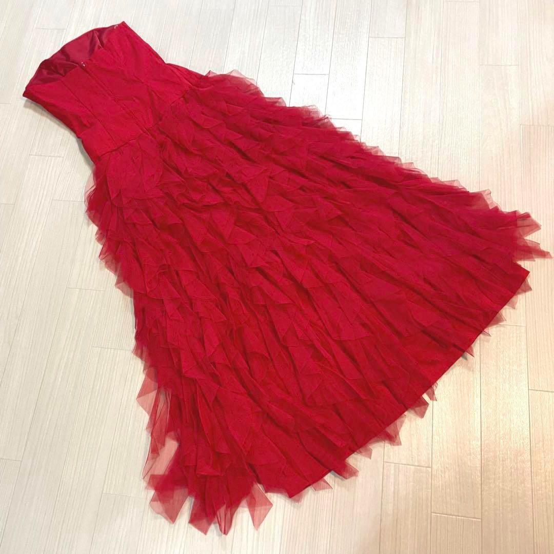 ジェシカマクリントック　パーティドレス　レッド フリル　ストラップレスロングS