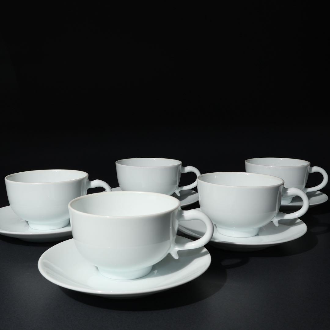 人間国宝　井上萬二　白磁紅茶碗５客　共箱　白無地　R1462ラ