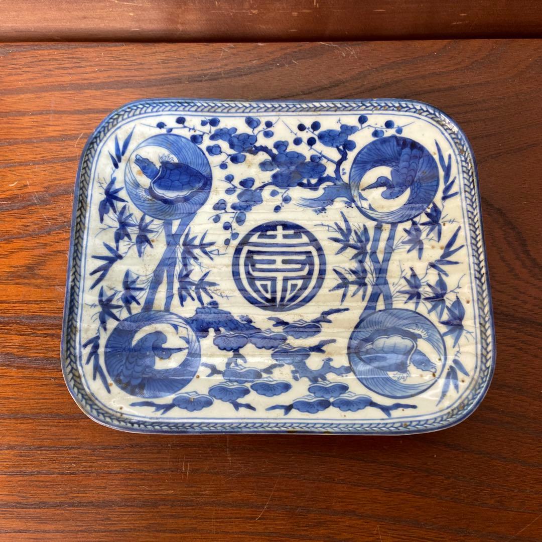 古伊万里染付鶴亀松竹梅四方皿 江戸時代　茶碗2点