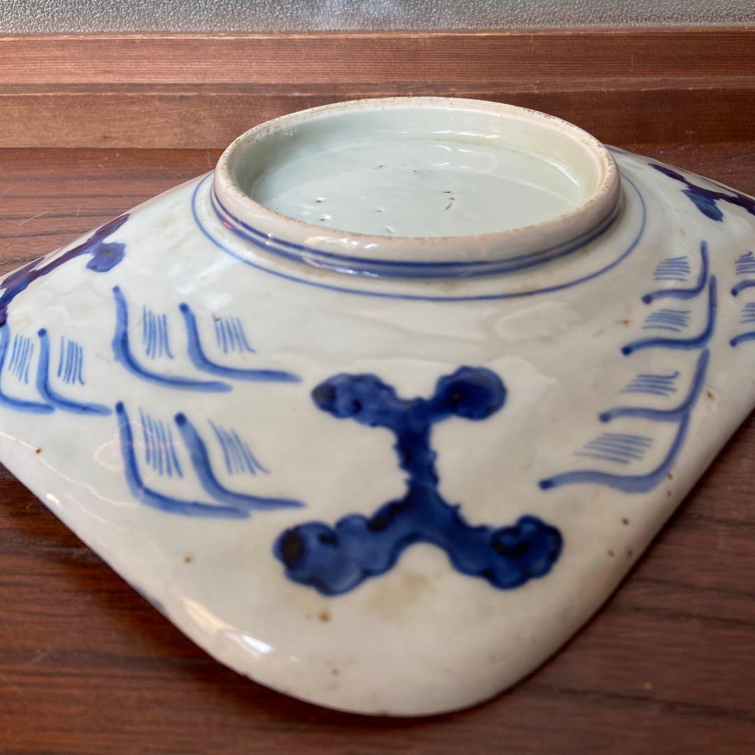 古伊万里染付鶴亀松竹梅四方皿 江戸時代　茶碗2点