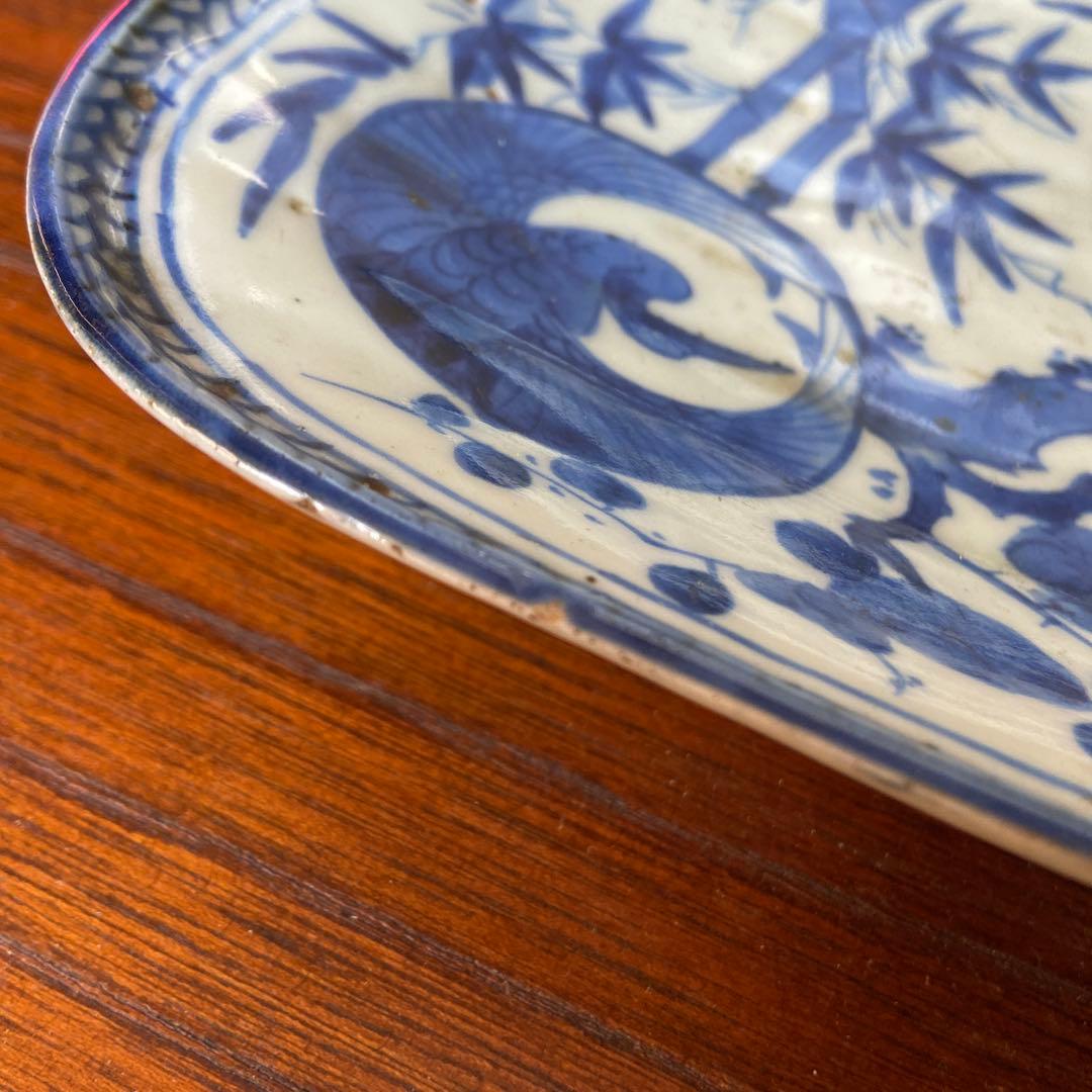 古伊万里染付鶴亀松竹梅四方皿 江戸時代　茶碗2点