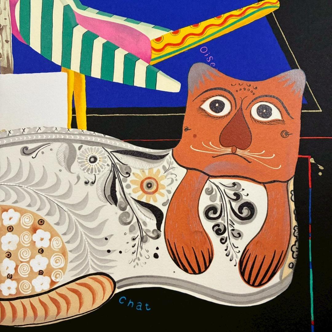 中島千波「ポインセチア」リトグラフ 直筆サイン・落款有 額縁入り 日本画家 猫