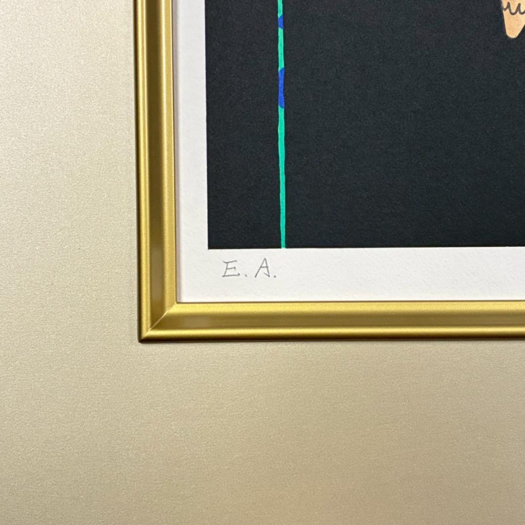 中島千波「ポインセチア」リトグラフ 直筆サイン・落款有 額縁入り 日本画家 猫