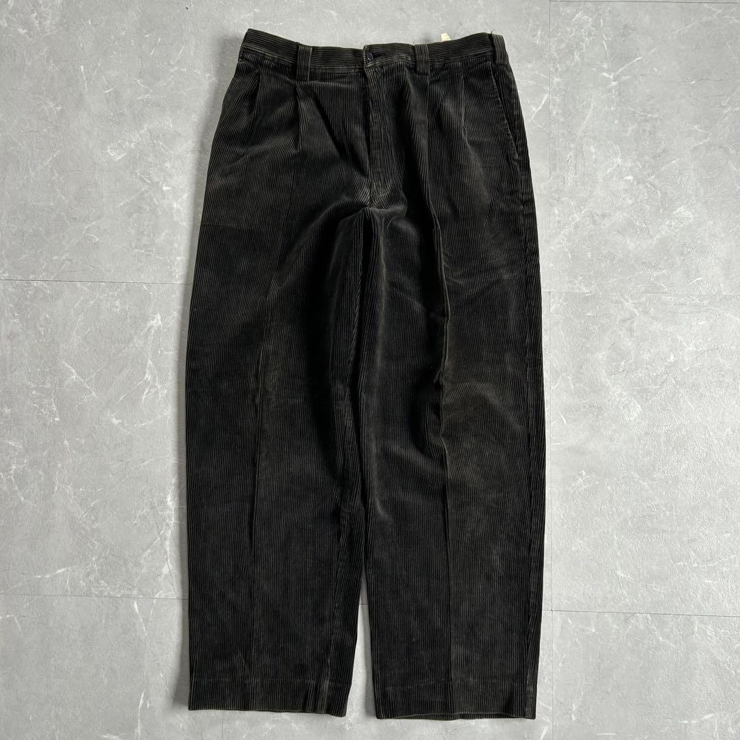 90s OLD コーデュロイ ツータックスラックス 太畝 古着 ワイド 黒 M