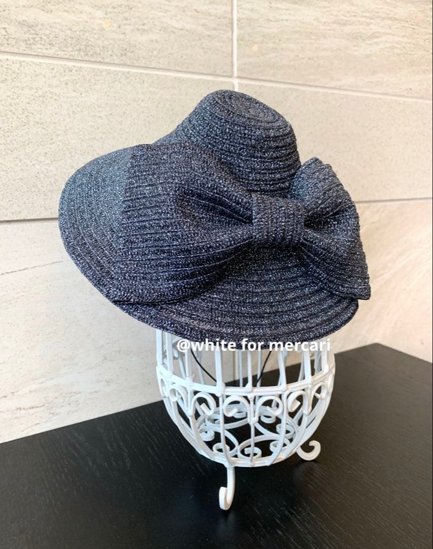元エルメスデザイナー フランス製 チラチラ煌めくダークブルーおりぼんサマーハット
