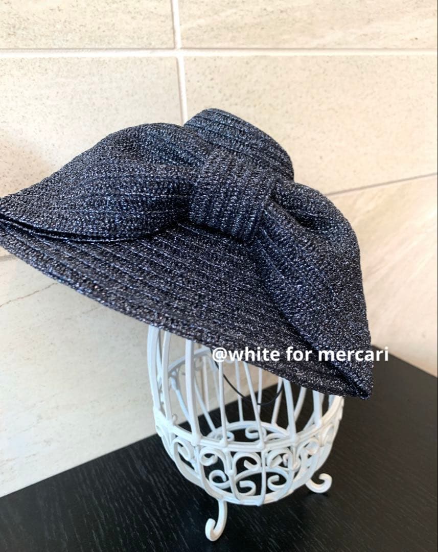 元エルメスデザイナー フランス製 チラチラ煌めくダークブルーおりぼんサマーハット