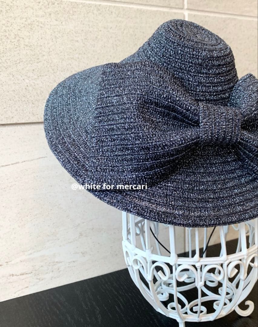 元エルメスデザイナー フランス製 チラチラ煌めくダークブルーおりぼんサマーハット