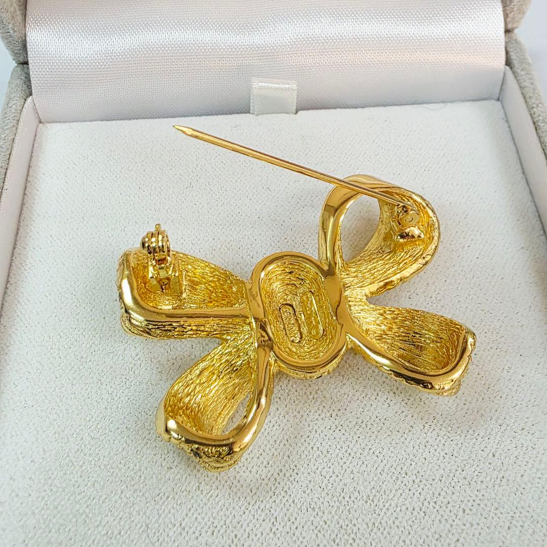 Dior クリスチャンディオール リボン ブローチ ゴールド ラインストーン