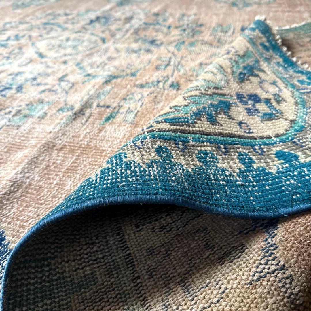 大判172×235淡いブラウンベージュ×ブルー　擦れトルコヴィンテージラグ