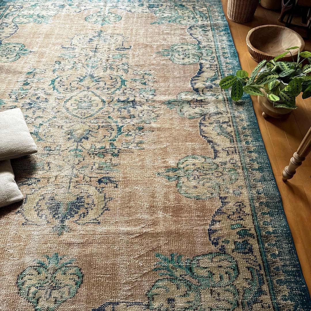 大判172×235淡いブラウンベージュ×ブルー　擦れトルコヴィンテージラグ