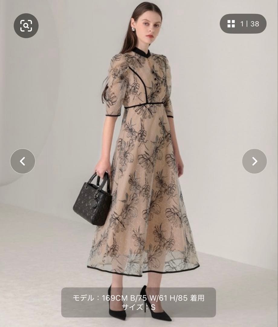 【LEJA】配色パイピングプチハイネック花柄刺繍ラメレースロング丈ドレス