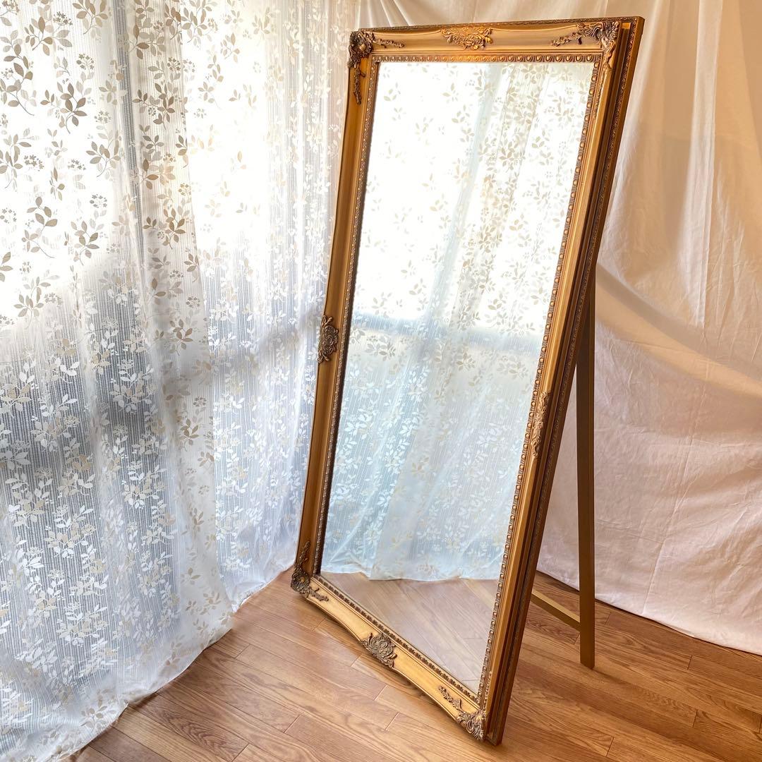 アンティーク調ミラー 全身鏡 姿見 ゴールド