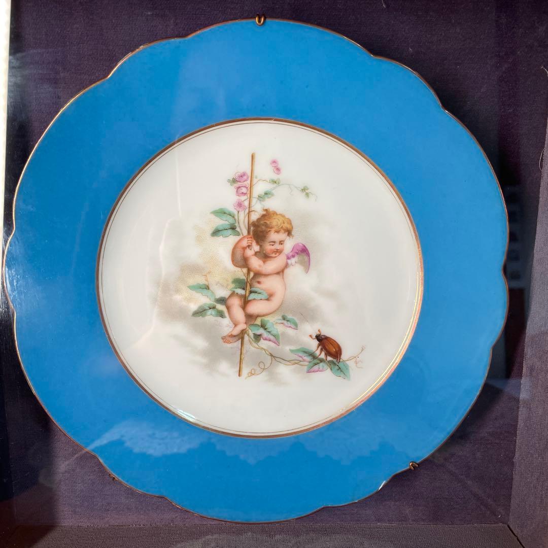 アンティークの額 青い天使の絵柄陶器プレート