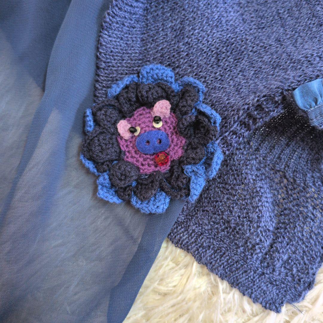 日本製★OLLEBOREBLA　ベスト　異素材ミックス　ぶたさんモチーフ編み