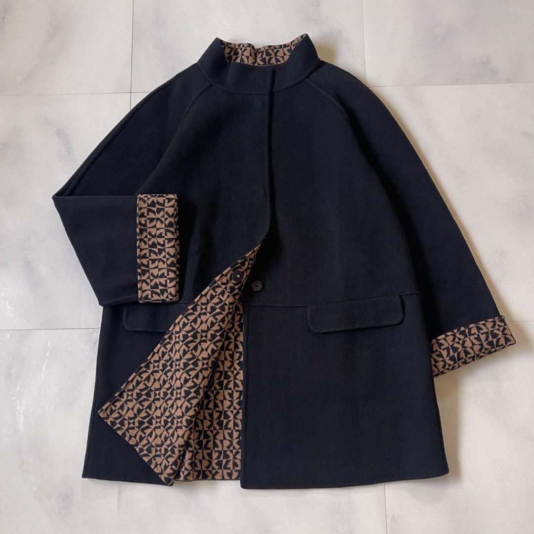 レオナール　リバーコート ウールコート オーバーサイズ ４０ 裏 ロゴ 総柄 L