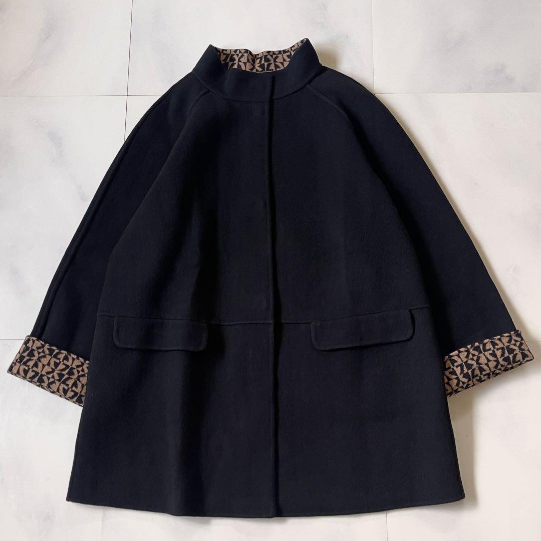 レオナール　リバーコート ウールコート オーバーサイズ ４０ 裏 ロゴ 総柄 L