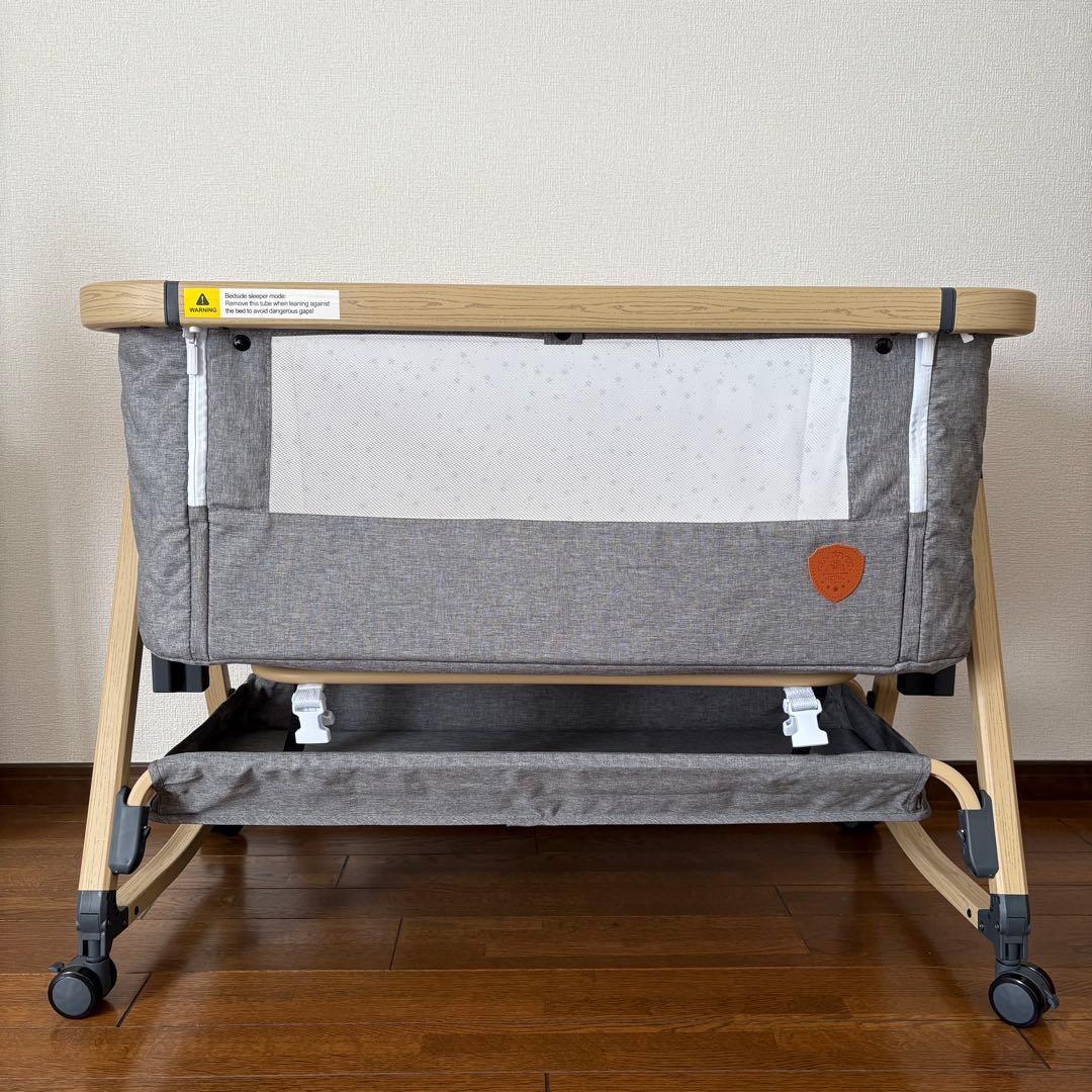 HIZDIK グレー 折り畳みベビーベッド キャスター付き