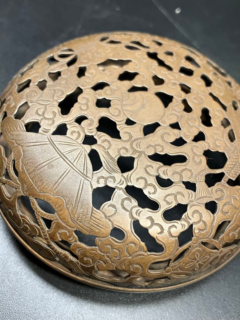 青磁三足純銀火屋香炉 仏具茶道具透かし彫り純銀刻印 銀細工 骨董品 火舎 工芸