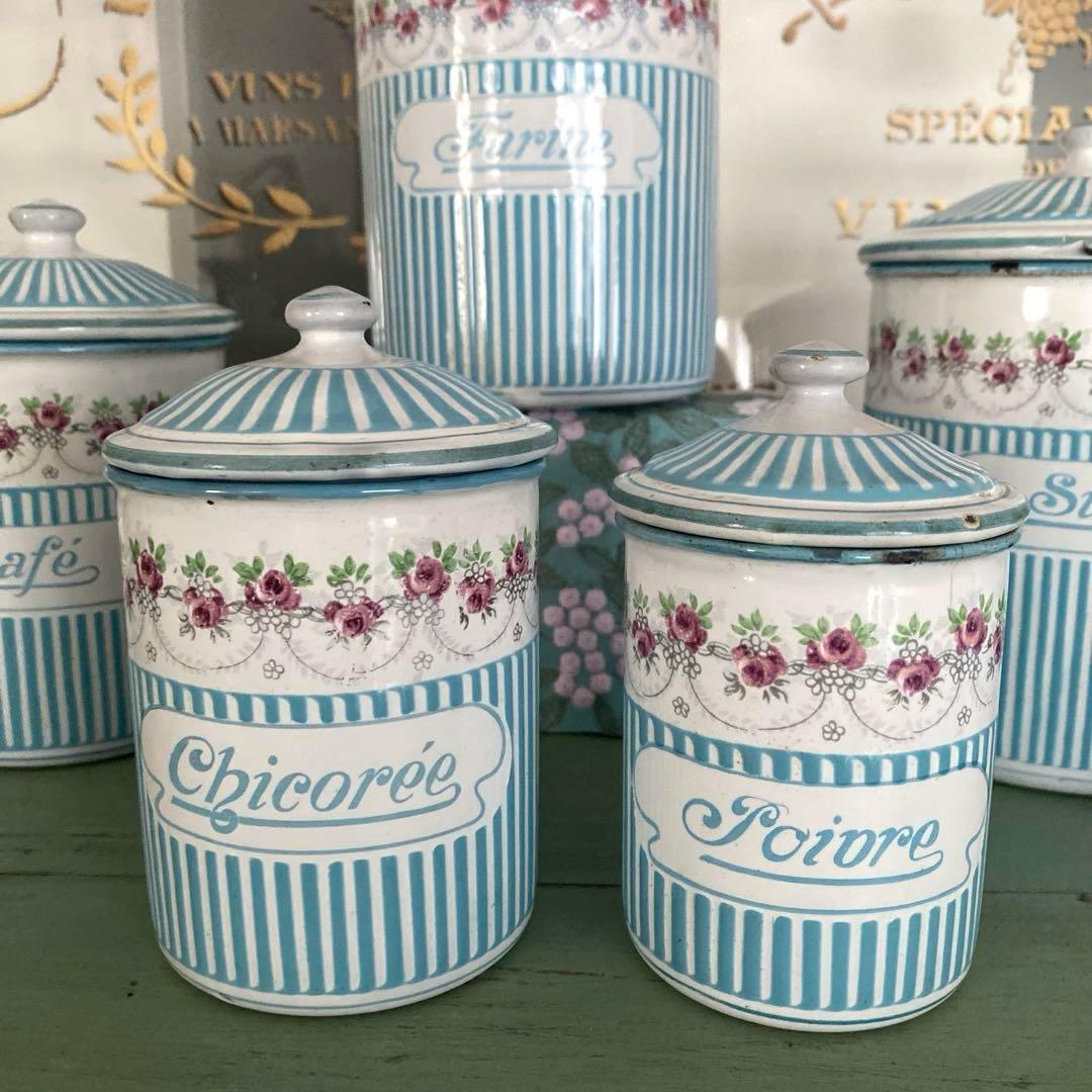 フランスアンティーク ホーロー キャニスター ローズバンド