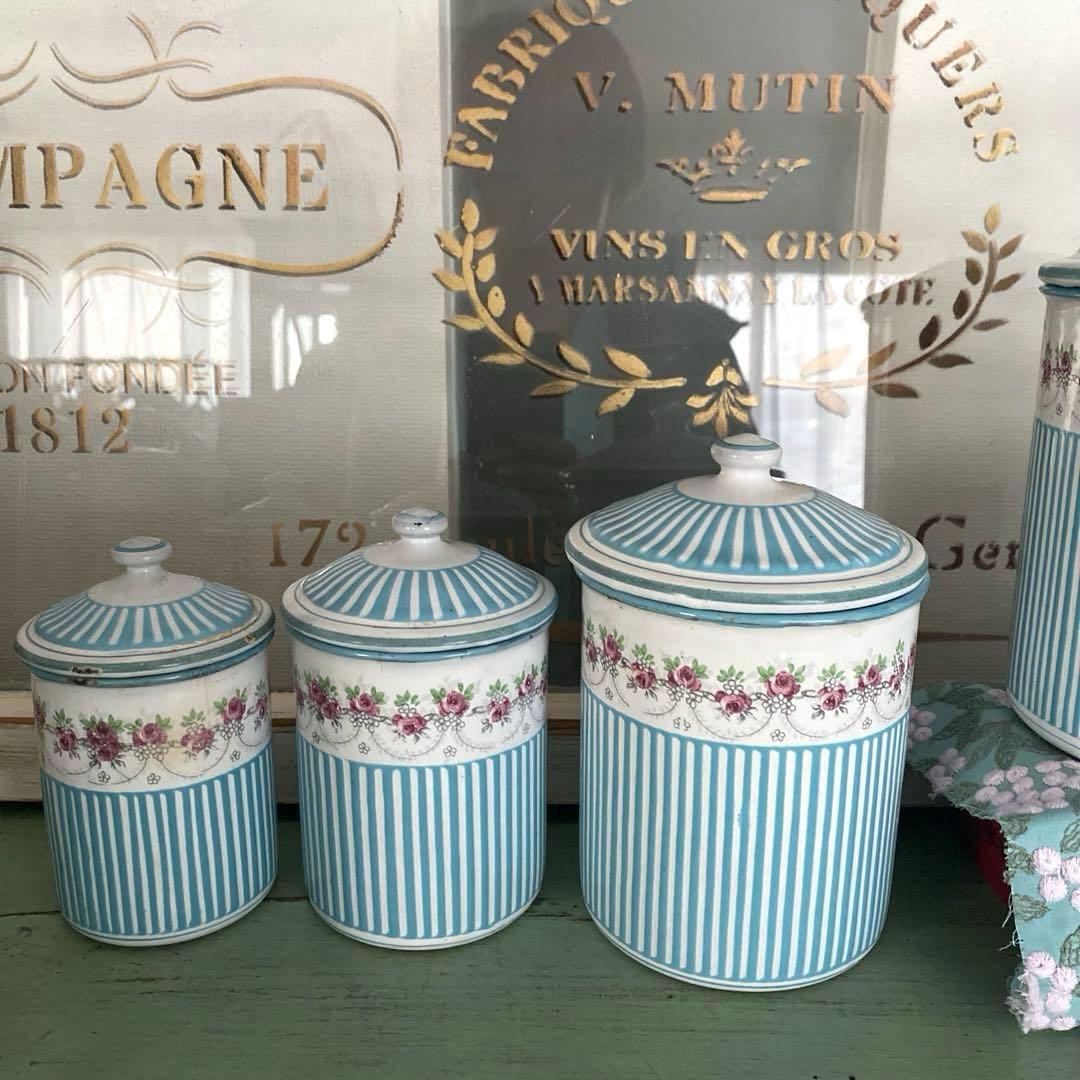 フランスアンティーク ホーロー キャニスター ローズバンド