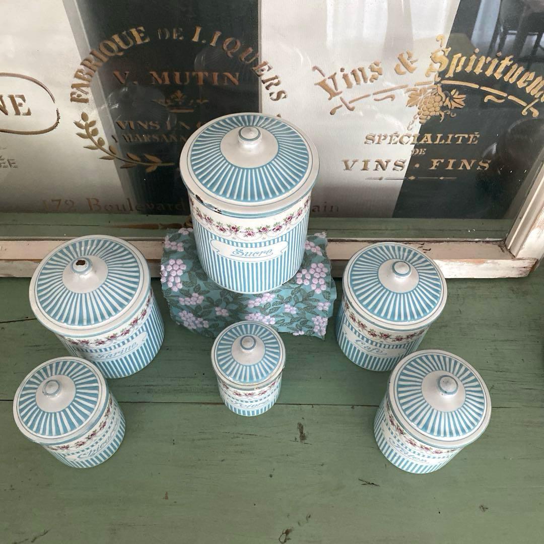 フランスアンティーク ホーロー キャニスター ローズバンド