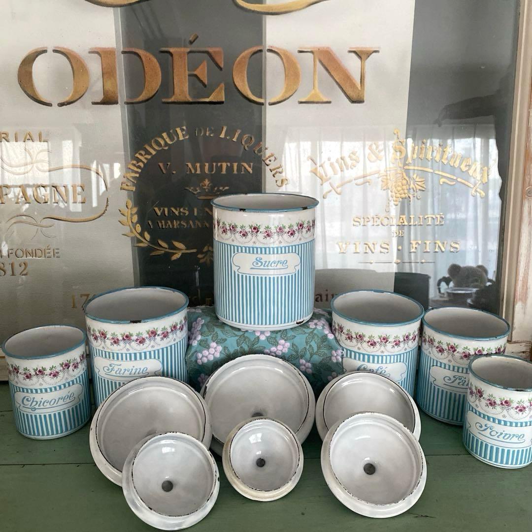 フランスアンティーク ホーロー キャニスター ローズバンド