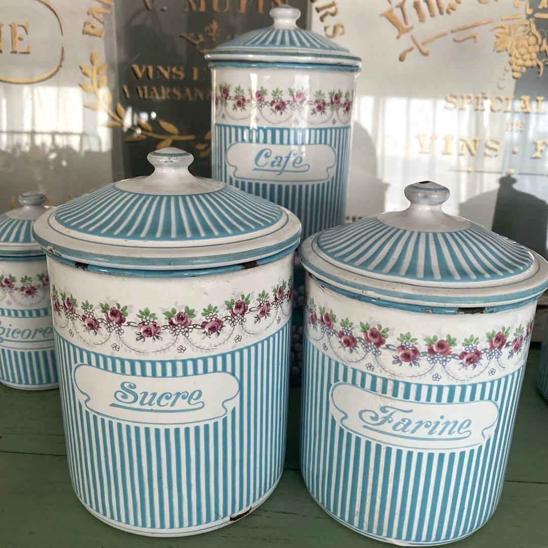 フランスアンティーク ホーロー キャニスター ローズバンド