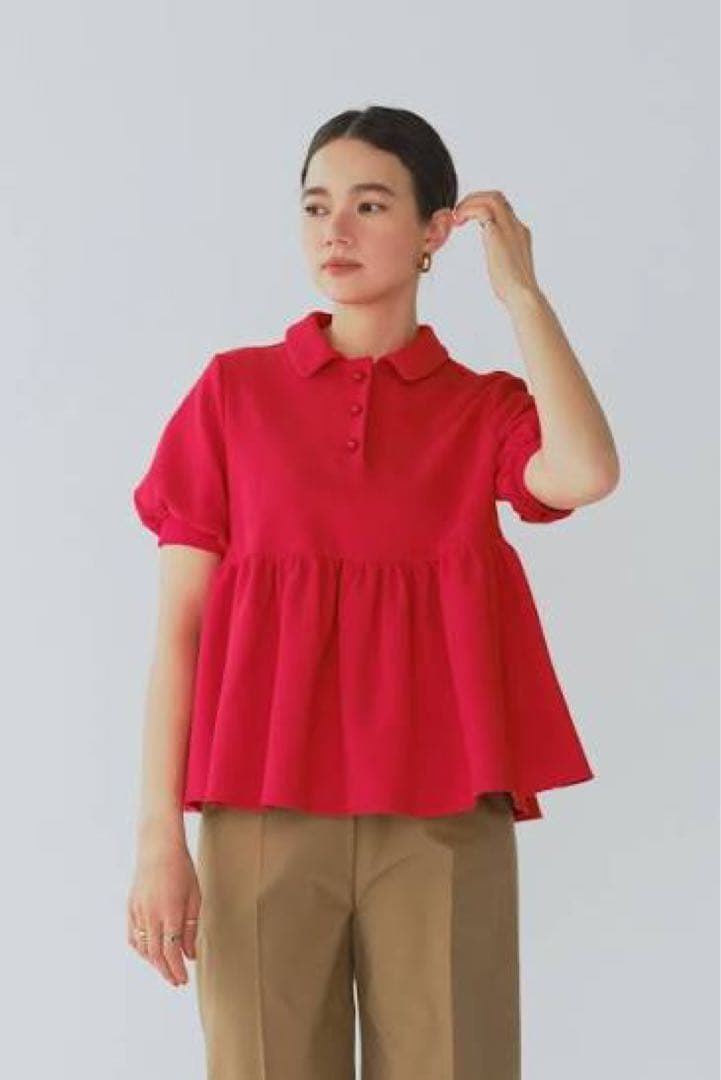 新品未使用yori オーガニックコットンパイルポロカットソー　レッド38