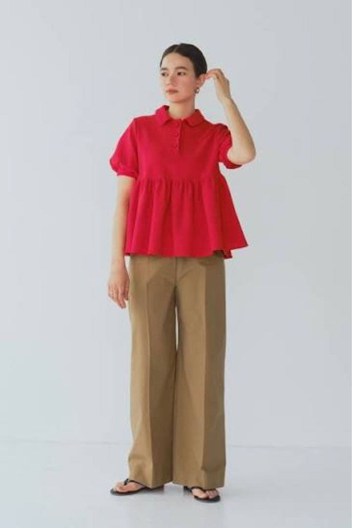 新品未使用yori オーガニックコットンパイルポロカットソー　レッド38