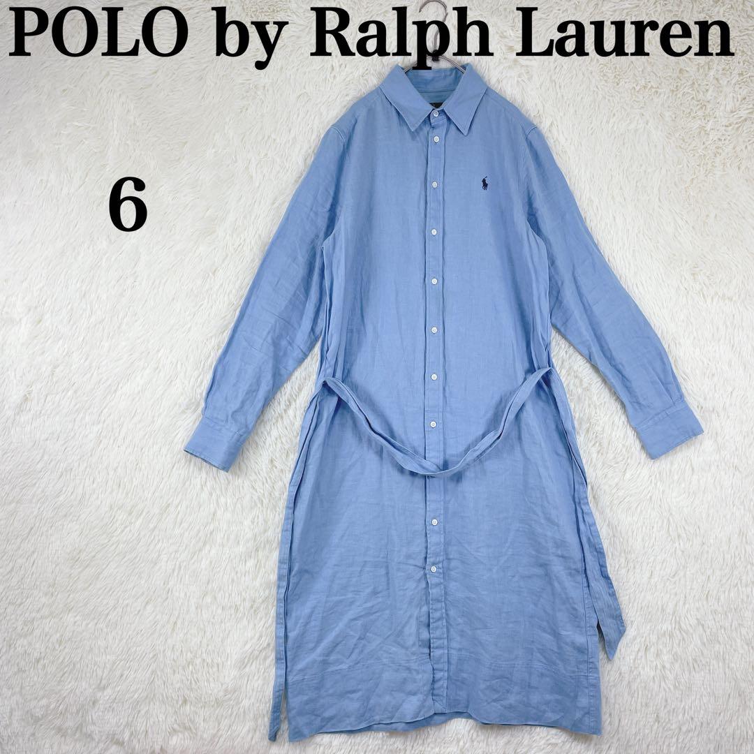 【ポロバイラルフローレン】長袖 シャツワンピース リネン100％ 6(S相当)