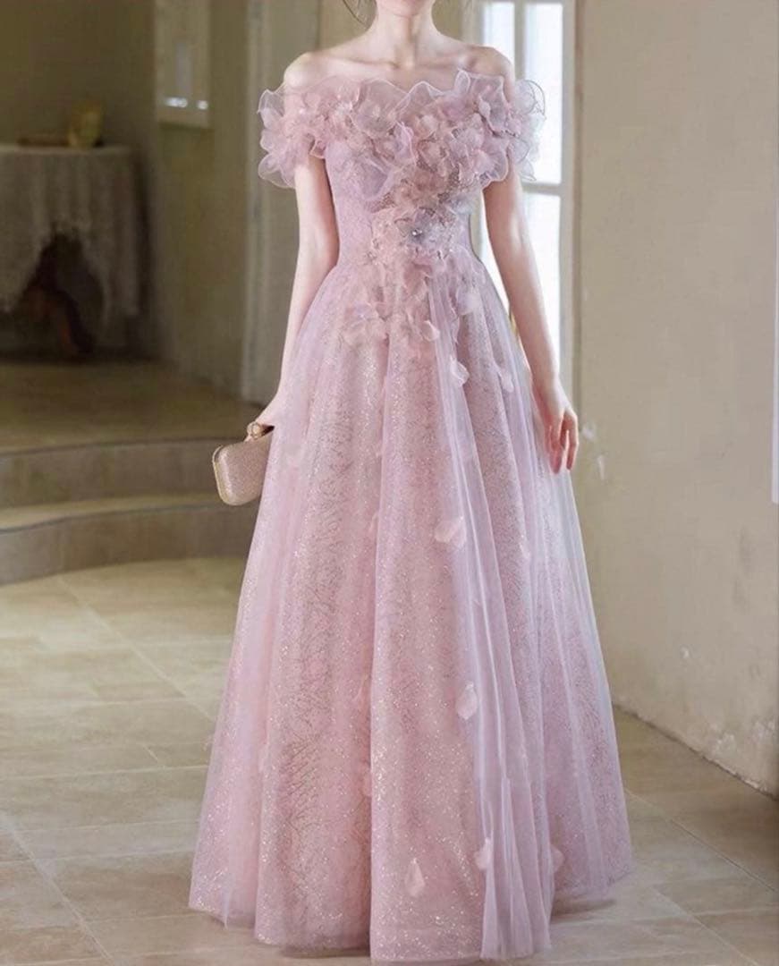 【美品】オフショルダー フラワー装飾 ロングドレス ピンク