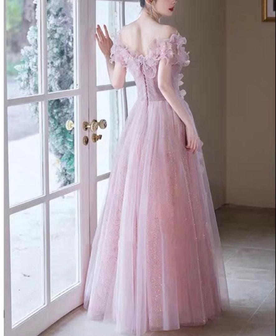 【美品】オフショルダー フラワー装飾 ロングドレス ピンク