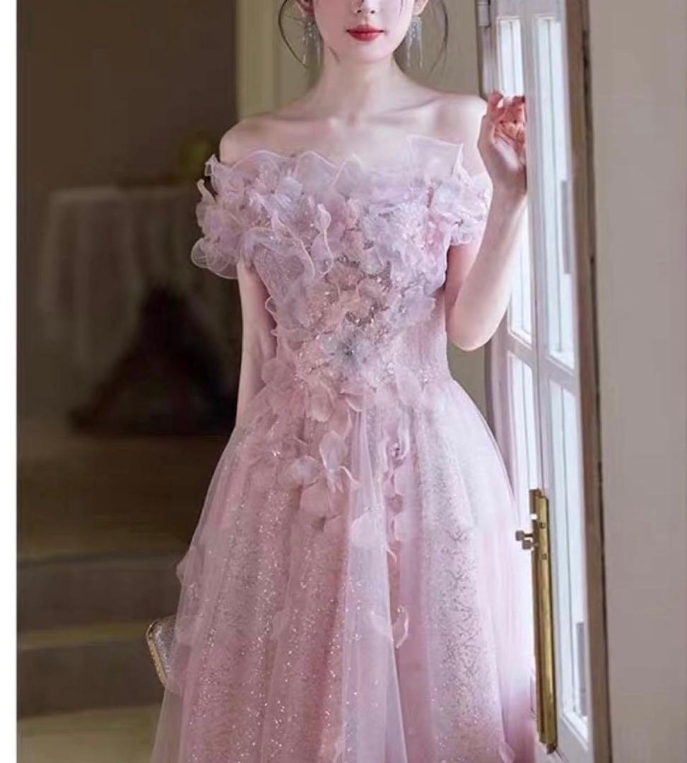 【美品】オフショルダー フラワー装飾 ロングドレス ピンク