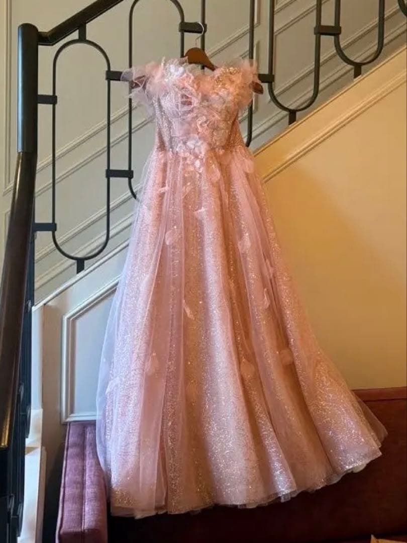 【美品】オフショルダー フラワー装飾 ロングドレス ピンク