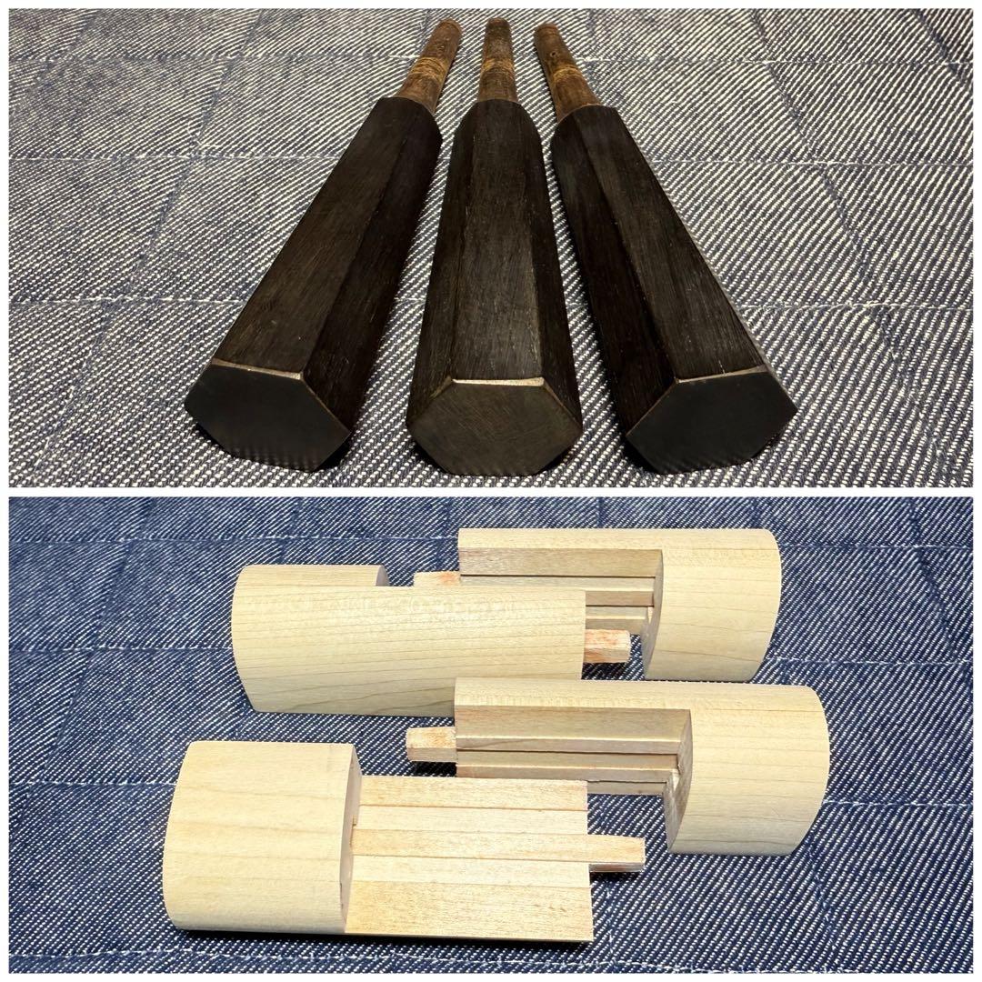 【虎縮杢・極】特上 津軽三味線 子持綾杉 仮継付 本黒檀糸巻 美品 太棹 三味線