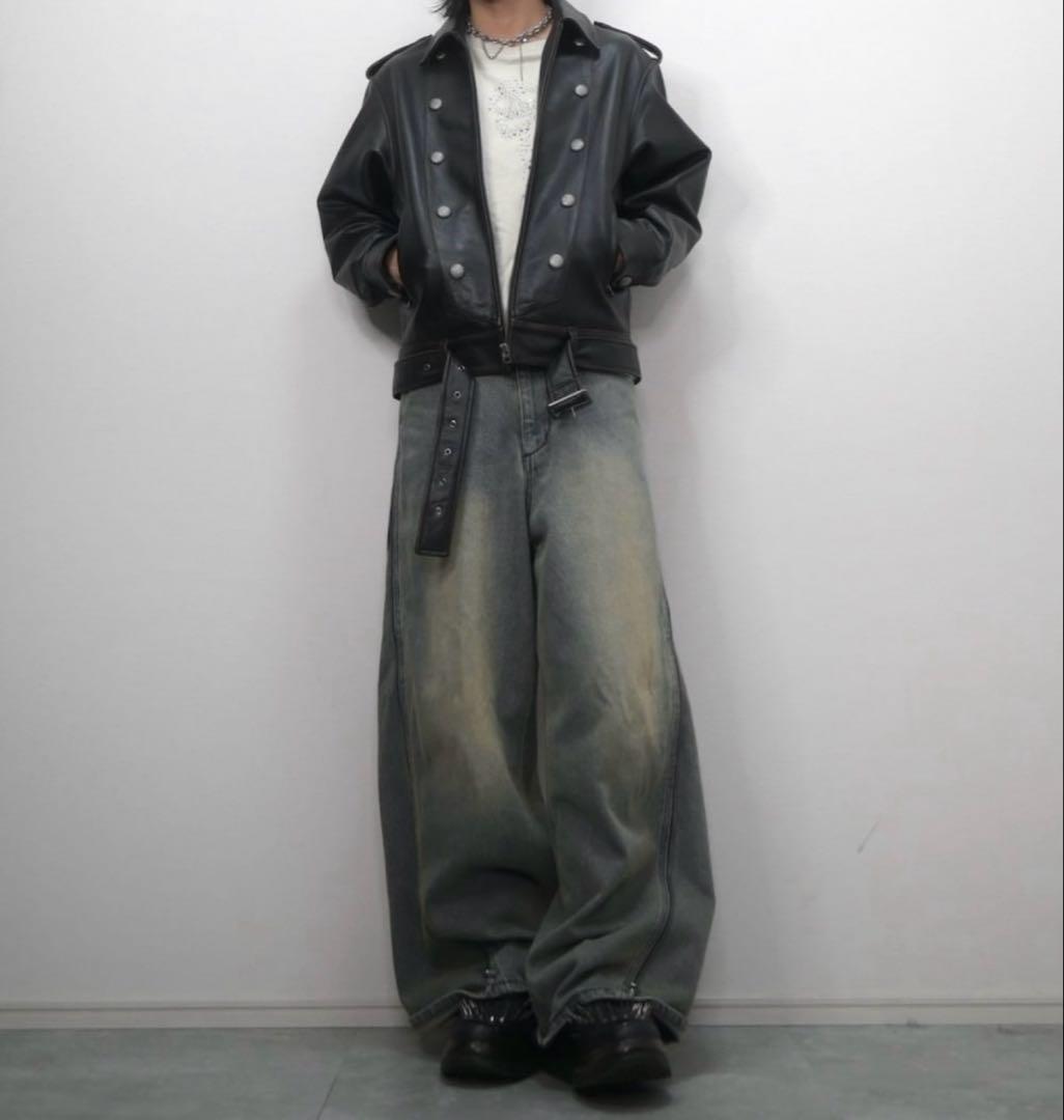 GRANCY ジップデザイン バギーデニム パンツ ブルー L