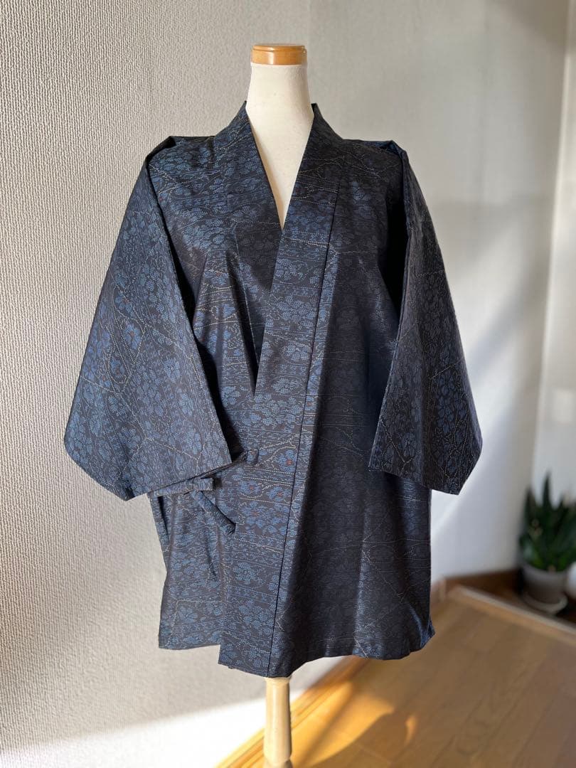 マダムy♡大島紬　作務衣　着物リメイクファッション小花模様　お洒落上衣