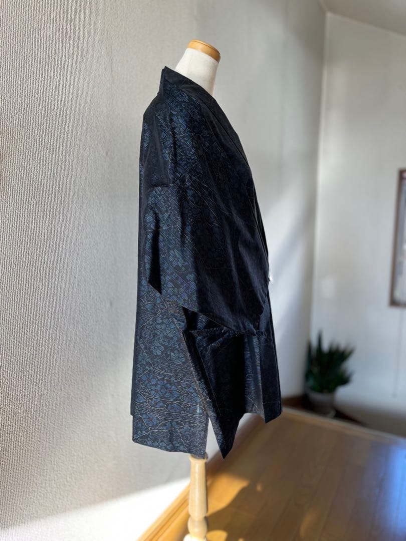 マダムy♡大島紬　作務衣　着物リメイクファッション小花模様　お洒落上衣