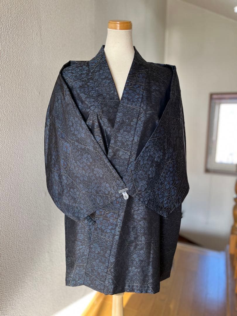 マダムy♡大島紬　作務衣　着物リメイクファッション小花模様　お洒落上衣