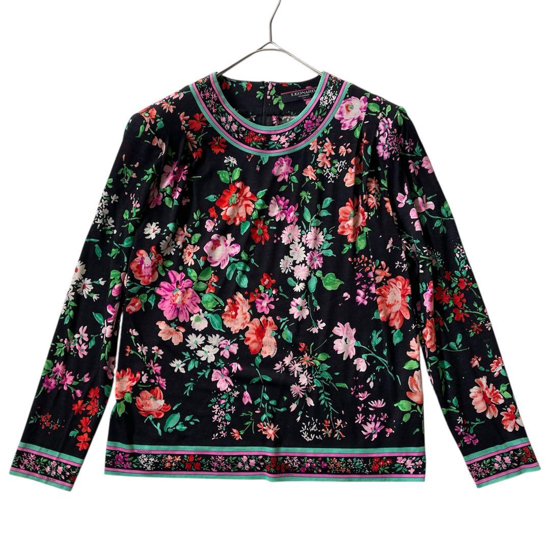 極美品✨ レオナール カットソー トリム ストレッチ バラ 花 シルクウール M