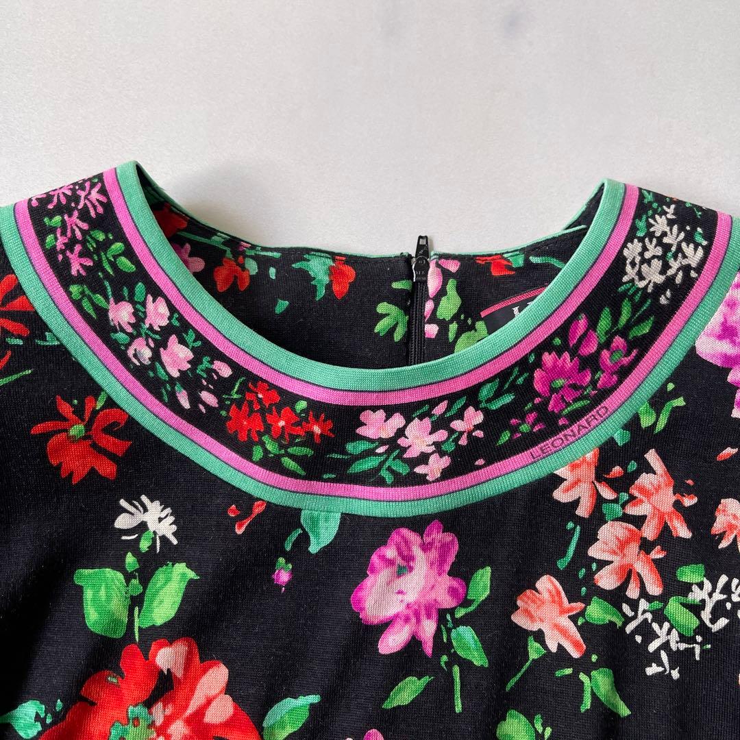 極美品✨ レオナール カットソー トリム ストレッチ バラ 花 シルクウール M