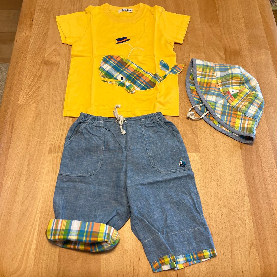 familiar クジラチェック柄Tシャツハーフパンツ帽子セット　110cm