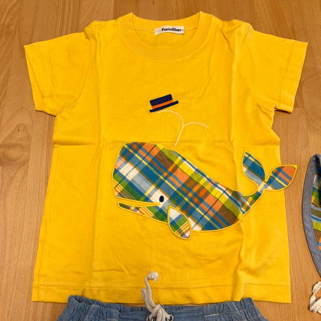 familiar クジラチェック柄Tシャツハーフパンツ帽子セット　110cm