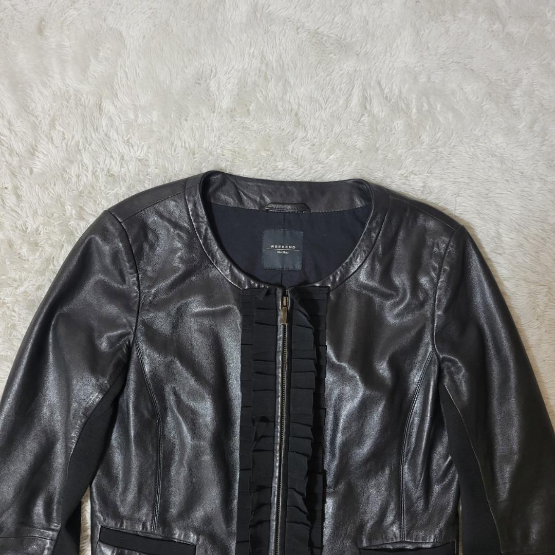 マックスマーラ　ノーカラージャケット　ラムレザー　フリル　2XL相当　ブラック