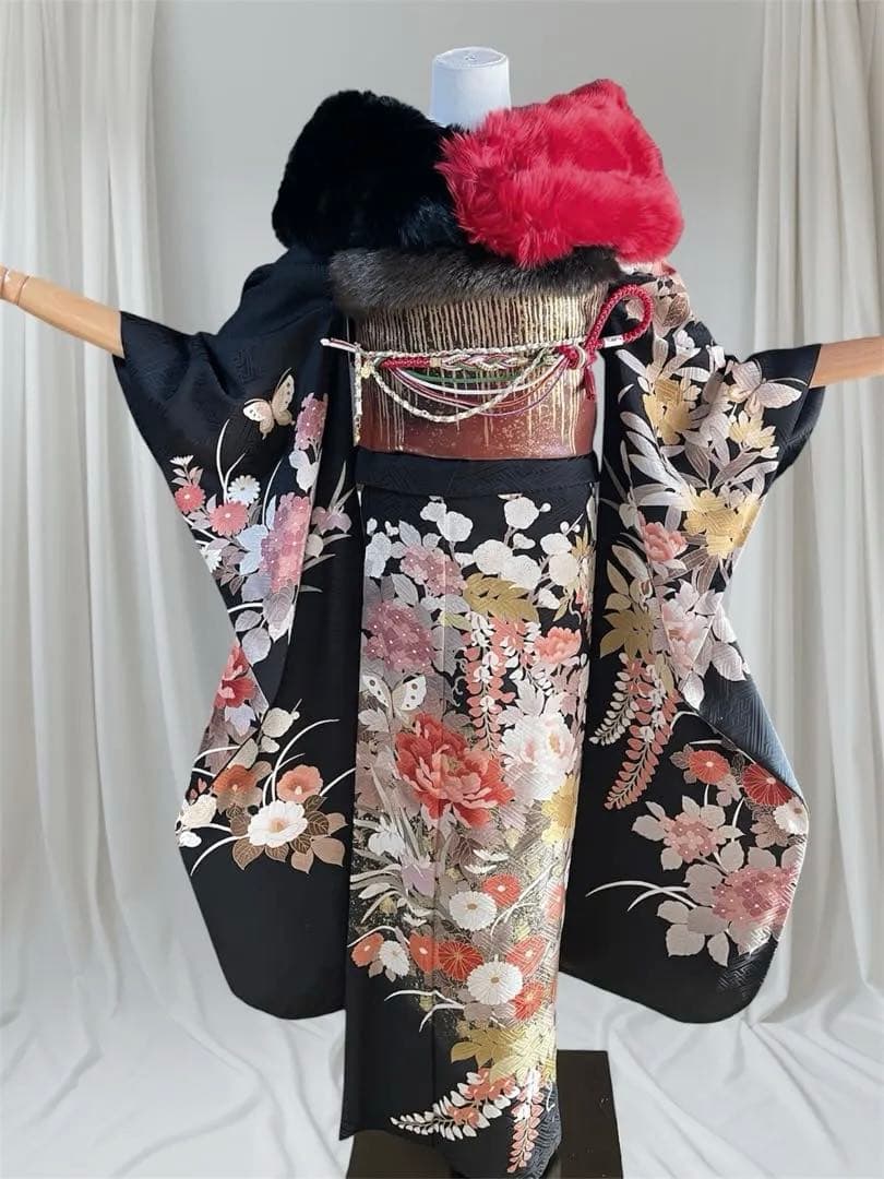 振袖 フルセット 綸子紗綾形 手描き友禅 黒地 花づくし
