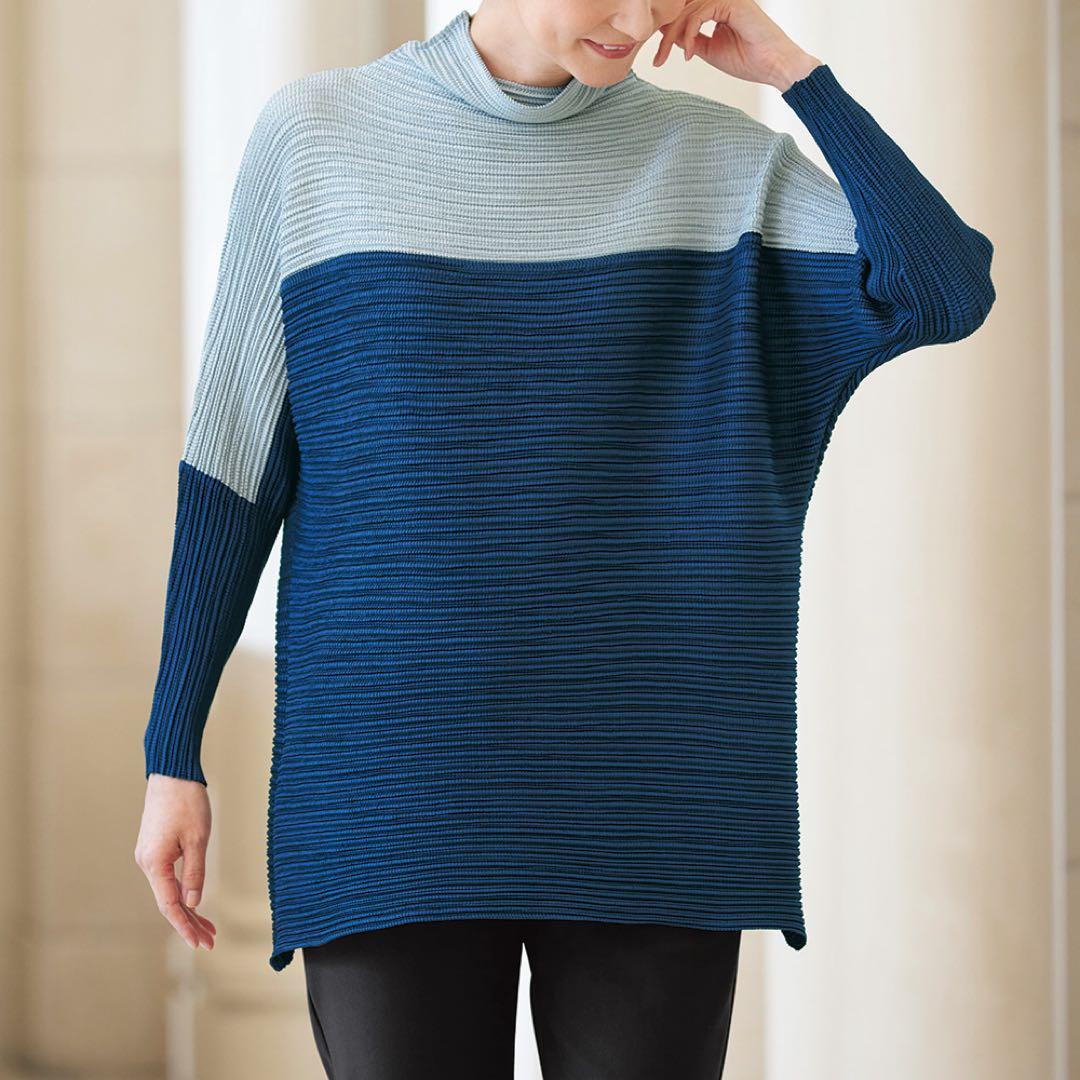 杉本プリーツ　矢羽根プリーツの配色プルオーバー　チュニック　FREE ネイビー