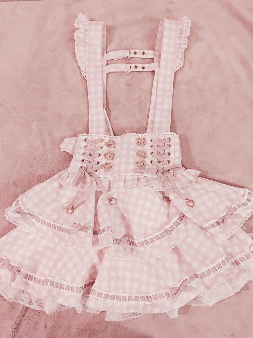 萌えるゴミ リズリサ ギンガムツイードサスペンダー付きスカパン ピンク