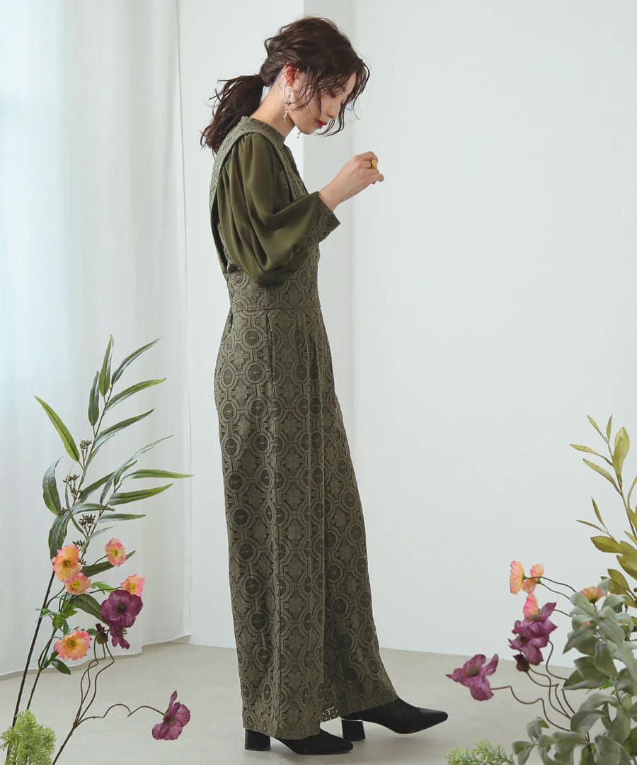 幾何学柄 レース セットアップ パンツ パーティードレス